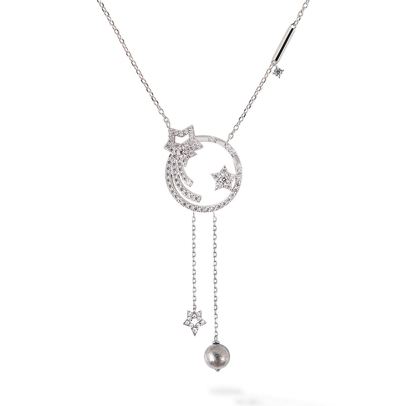 Women's Silver Necklace with Meteorite, Stars and Moon