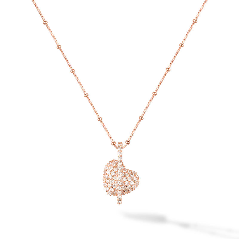 Women's Rose Gold Plated Sterling Silver Necklace with Classic Heart, CZ Diamonds, Length Adjustable