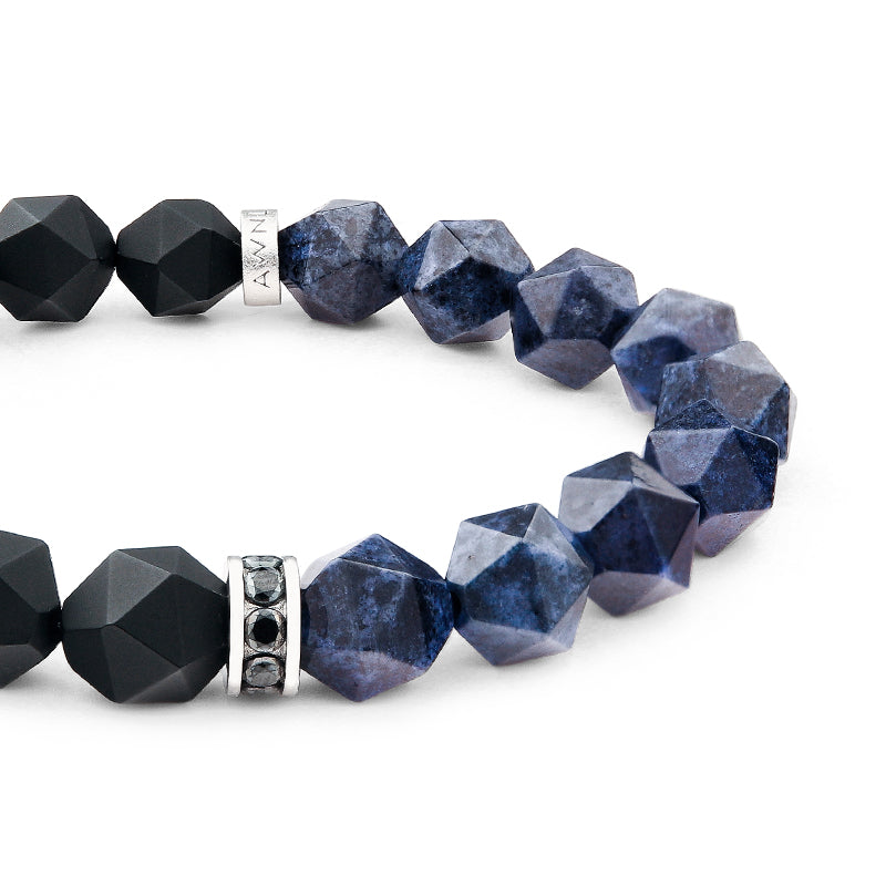 Men's Beaded Bracelet with Black Onyx and Blue Dumortierite